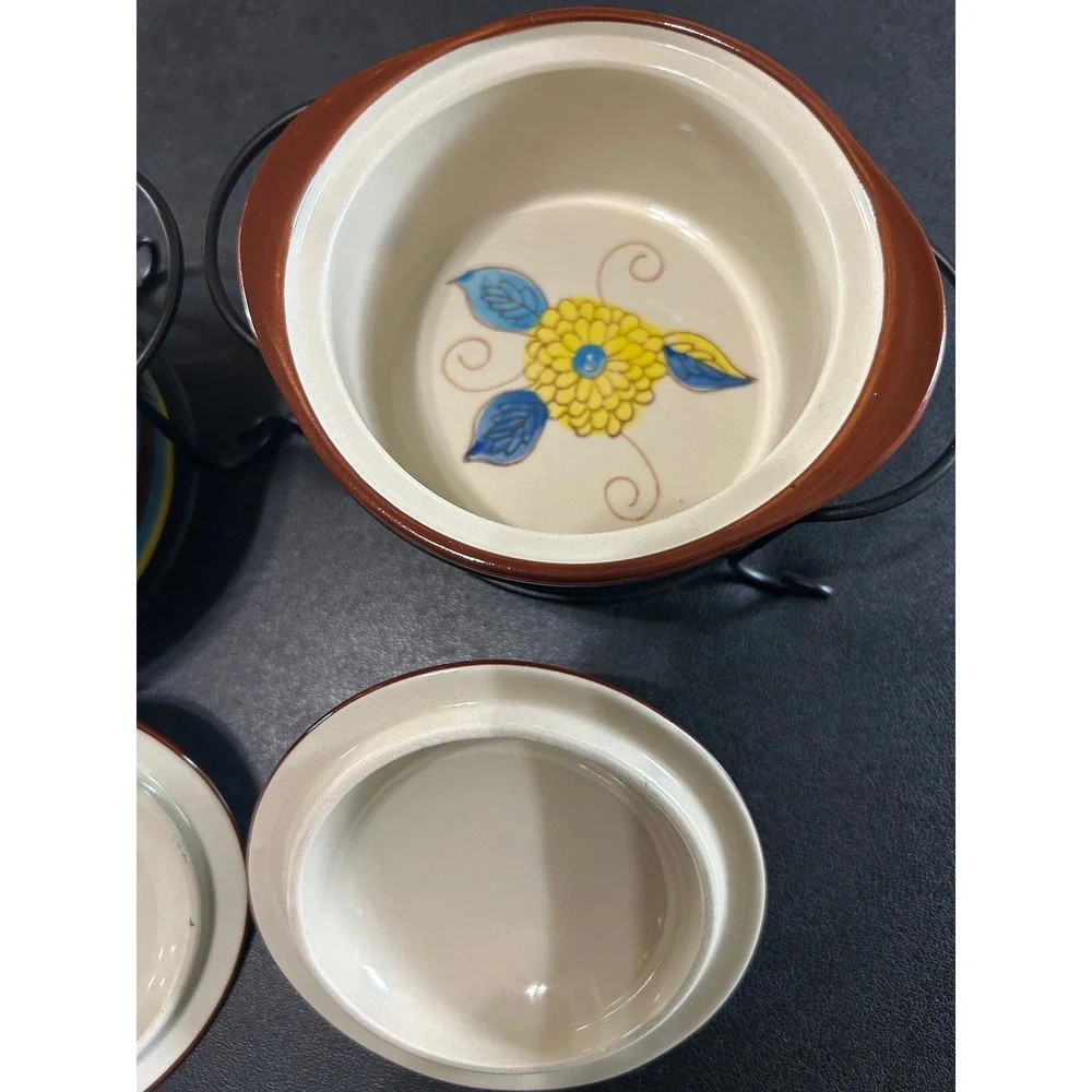 Temptations Mini Casserole Dishes SET/2 Striped Floral Lids & Wire Racks 9 oz‎